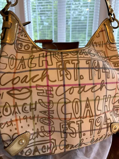 Coach Heritage Stripe Gold Tattersall Grafiti Shoulder Bag