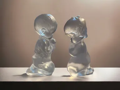 Fenton Art Glass Clear Satin Praying Children Boy and Girl Figure Set