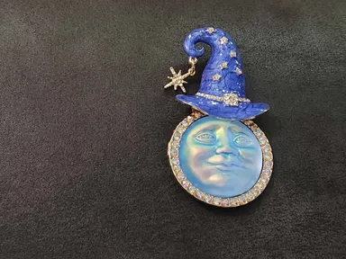 Draft ListingWhite & Blue Moon Brooch With Hat  