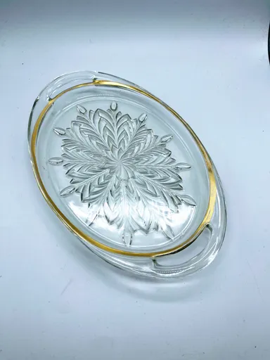 Vintage Janette Clear Glass Feathered Tray w/Gold Trim