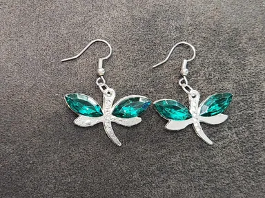 Green Rhinestone Dragonfly Earrings  