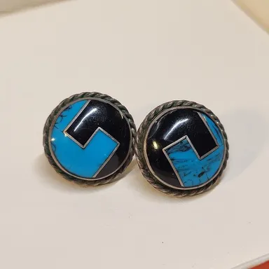 VIntage 925 Sterling Silver Mexico Stud Earrings with Onyx and Turquoise Inlay