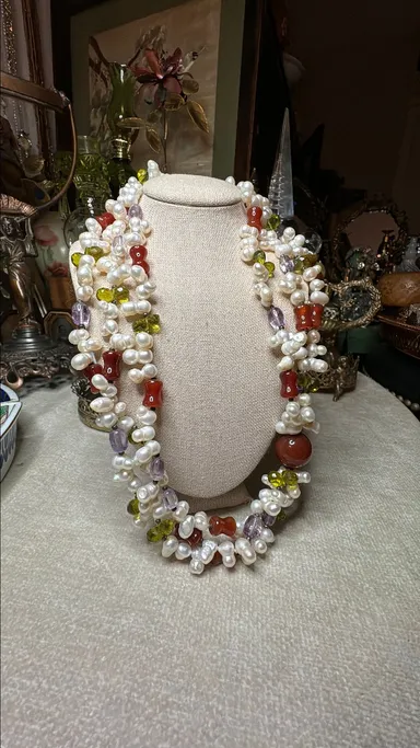 Baroque White Pearl and Gemstone Triple Strand Necklace