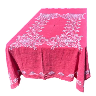 Red Linen Cross Stitch Tablecloth Embroidered Cottage Core Granny Heirloom Vintage