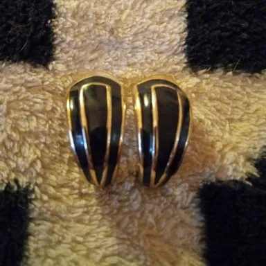 Vintage TAT Black Enamel Gold Plated Earrings