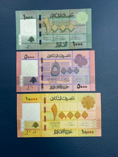 3 LEBANON 1000-5000-10000 Livres Uncirculated Banknotes