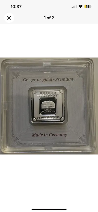 Geiger Edelmetalle 5 Gram .999 Fine Silver Bar- Encapsulated Assay