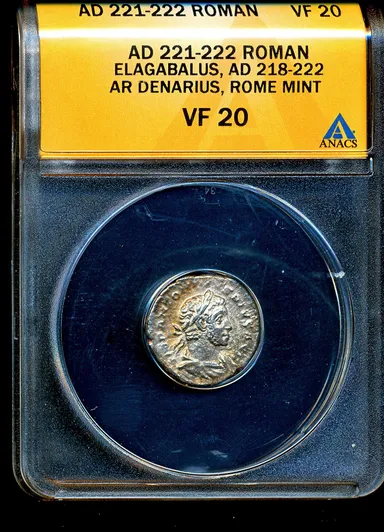E22 ANACS VF20 Elagabalus 218-222 AD Roman Imperial Silver Denarius Ancient coin