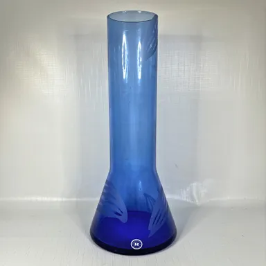 Reijmyre Etched Cobalt Blue Vase Glass Sweden Mid Century Modern Vintage
