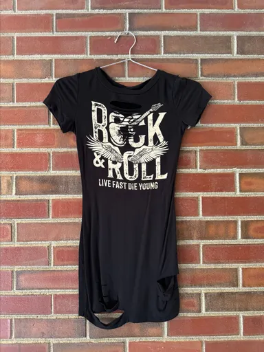 Rock & Roll Live Fast Die Young Mini T-Shirt Dress - XS - Edgy Black Distressed Look