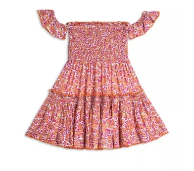 $210 Poupette St. Barth Girls' Aurora Ruffled Smocked Mini Dress - Size 10 Orange