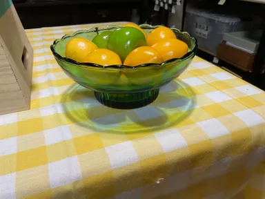 E. O. Brody green glass bowl and froot