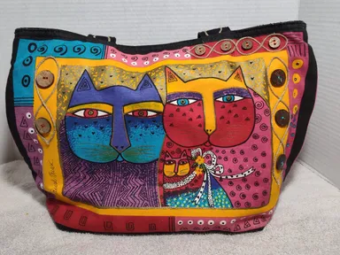 Vintage Laurel Burch Rainbow Kitty Cats Large Tote Bag