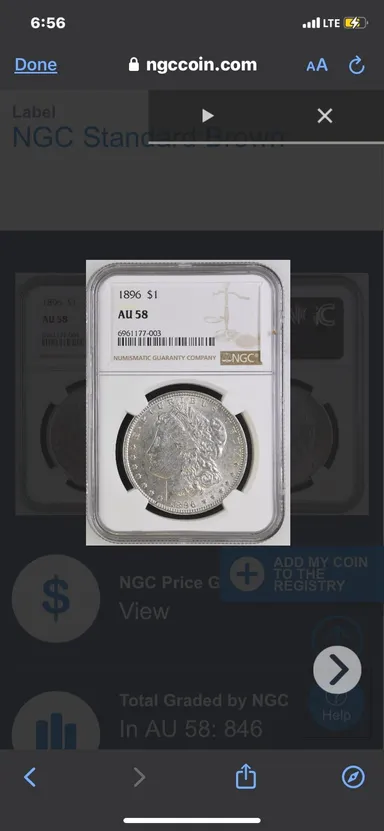 1896 NGC Graded AU58 Morgan Silver Dollar