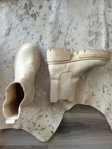 White cream rubber leather pleather boots