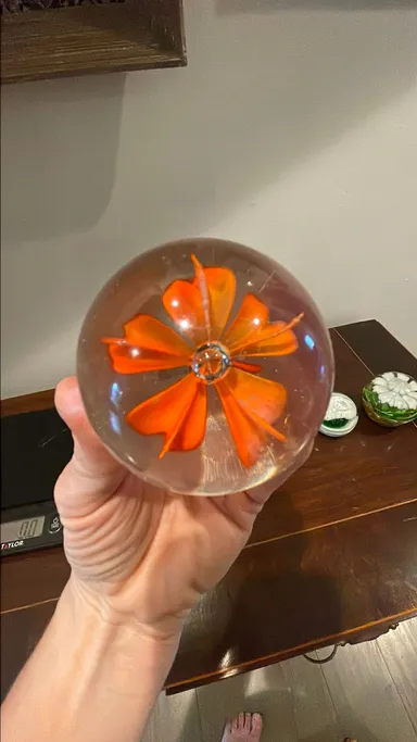 Vintage glass paperweight floral orange flower