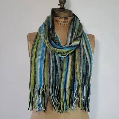 Talbots Scarf Knit Stripes Fringe Blue Green Black Winter 72" x 11" Preppy