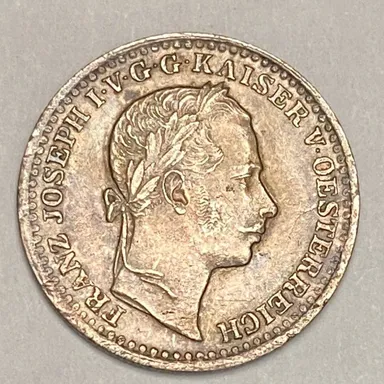 1859 V AUSTRIA 10 KRUEZER SILVER COIN. KM 2204. XF+