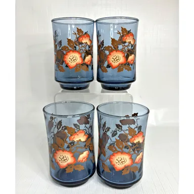 Libbey Bolero Franco Juice Glasses Set 4 Blue Orange Poppy MCM Vintage