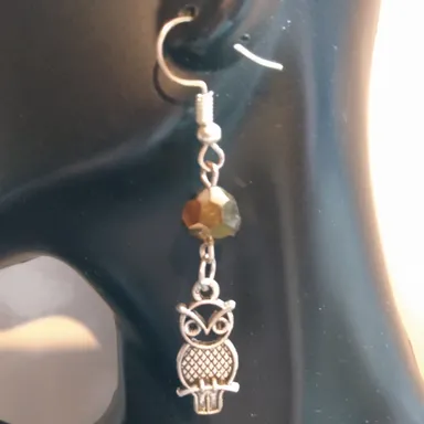 owl with copper color glass crystal bead earrings