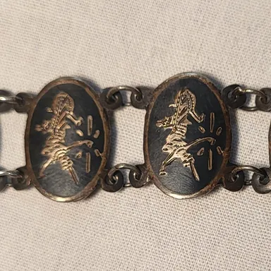 Vintage Sterling Silver & Black Niello Panel Bracelet SIAM 7" *