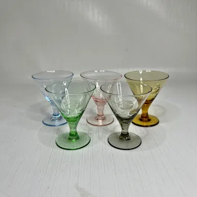 Mulitcolor Etched Mini Cordial Glasses Footed Set 5 Vintage Cocktail Depression
