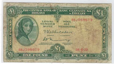 Ireland Republic 1 Pound 28.6.72, P-64 F, Lady Hazel Lavery, Fancy Serial Number (Broken Ladder, All Lucky Numbers 5, 7, 8) + Gift IR1p