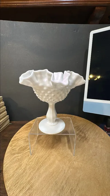 11 VTG Fenton White Milk Glass Fluted Hobnail Pedestal Ruffled Edge Bowl Compote