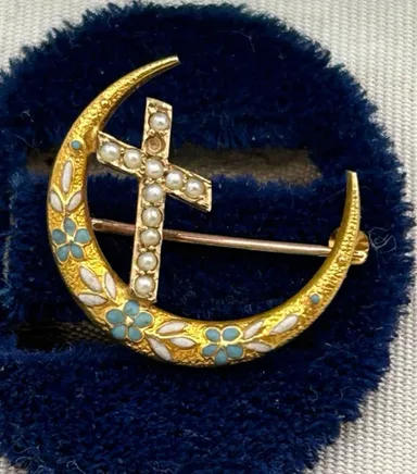 10k Gold Antique Victoran Baby Blue Enamel Pearl Crescent Moon Cross Honeymoon Brooch