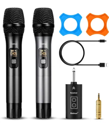 Wireless Microphone with Bluetooth, Professional UHF Dual Handheld Dynamic Metal Mic System Set with