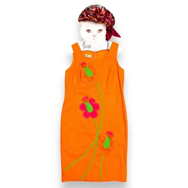 1960s SABA Orange 3-D Flowers Linen Dress