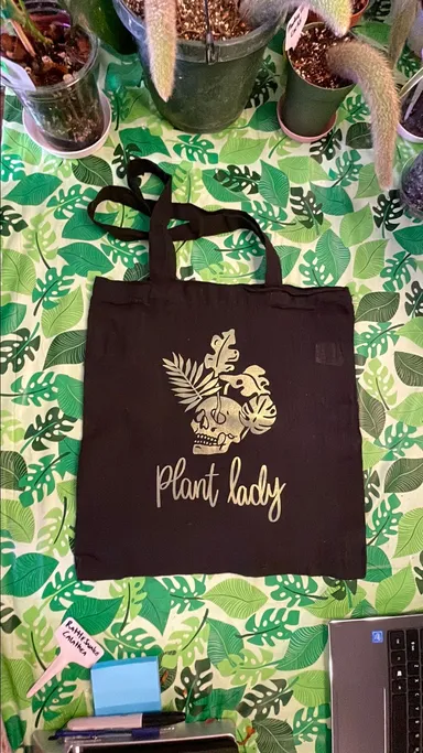 Plant Lady metallic skull & plants black tote bag