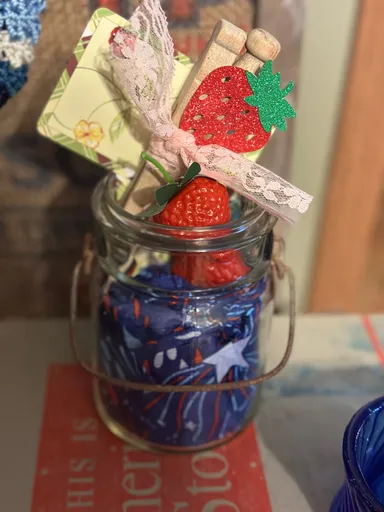 Vintage Jar with Americana Silk Scarf, Strawberries, Vintage Clothes Pens and More