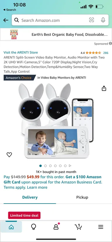 ARENTI Split-Screen Video Baby Monitor, Audio Monitor with Two 2K UHD WiFi Cameras,5" Color 720P Dis
