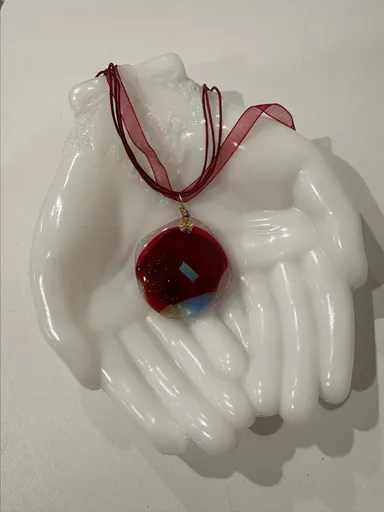 New Handcrafted Artisan fused glass pendant with coordinating ribbon and cord necklace.