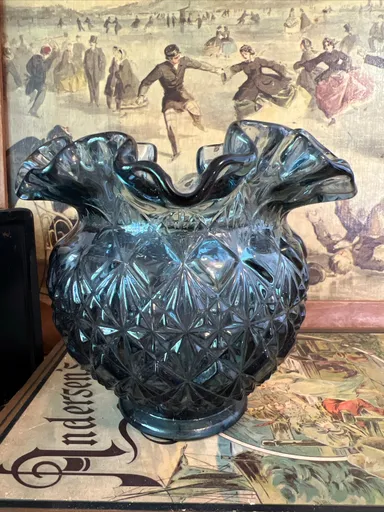Vintage Fenton Ruffled Stars Smokey Blue Gray Vase Embossed Glass