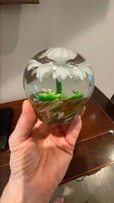 Vintage glass paperweight white floral grass