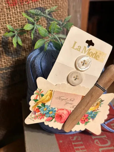 50 Blue Tred Spool with Vintage Buttons, Clothes Pen and Ephemera