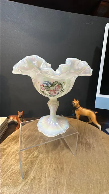 52 FENTON art glass white pearlescent ruffle top compote or candy dish hand painted signed by artist