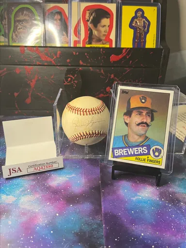 Rollie Fingers HOF Autographed Baseball JSA Certified with 1985 Card EX/NM