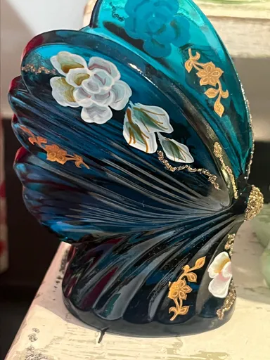 Fenton Hand Painted Butterfly Figurine; Vintage Fenton Glass Butterfly Paperweight