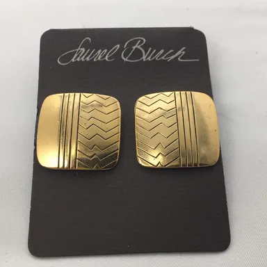 Vintage Laurel Burch, Square Gold Geometric Earrings, Studs, Card Dated 1988
