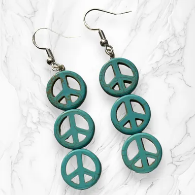 Hand Crafted Earrings Peace Sign Turquoise Hippie Boho Dangle Silver Green Resin