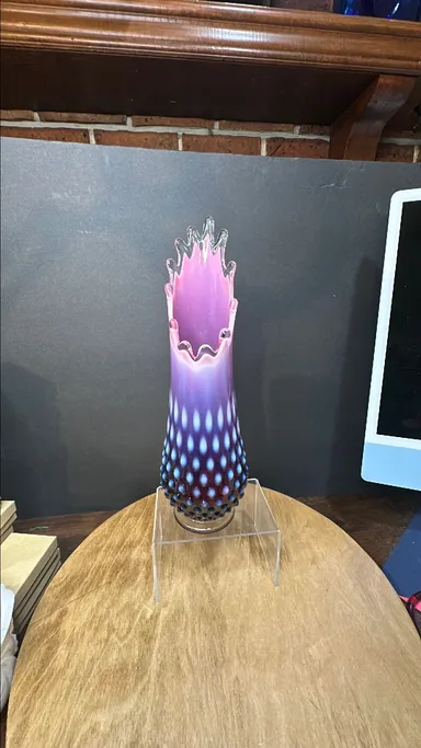 303 Fenton Plum Opalescent Glass Hobnail Swung Vase