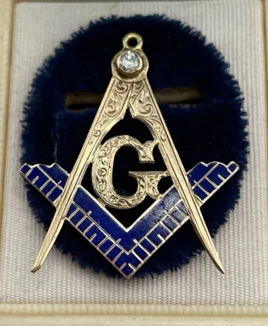 14k Gold Antique Mine Cut Diamond Enamel Masonic Emblem Pendant
