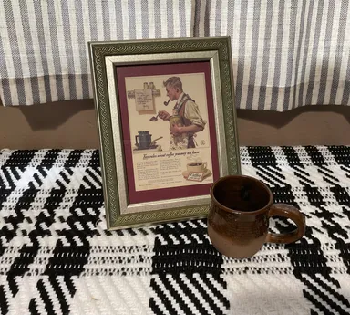 Framed repro coffee ad with manly mini mug