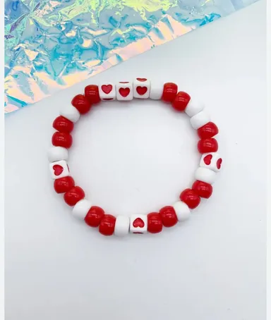 Heart Detail Red White Beaded Bracelet for Women Men Stretchy Stackable