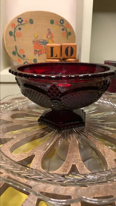 37. Vintage Avon 1876 Cape Cod Deep Ruby Red Footed Open Candy Dish Glass