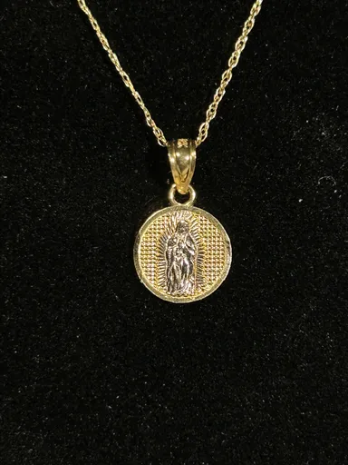 14k gold 16” chain link necklace with 14k gold and silver  Virgin Mary round pendant