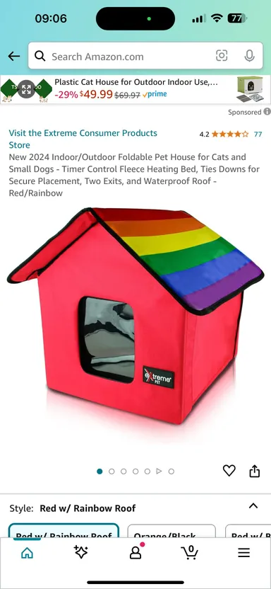 Red rainbow Indoor/Outdoor Foldable Pet House for Cats Small Dogs Timer Control Fleece Heating Bed